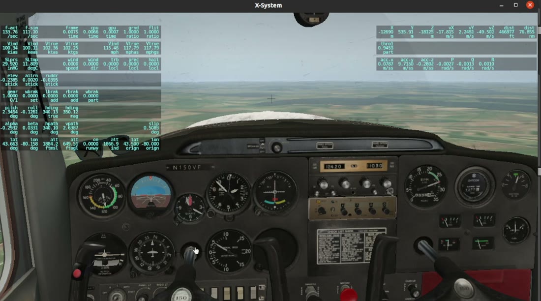 X-Plane 11 running a simulated Cessna — the flight simulator used as the HITL/SITL testbed, with its native flight-data overlay